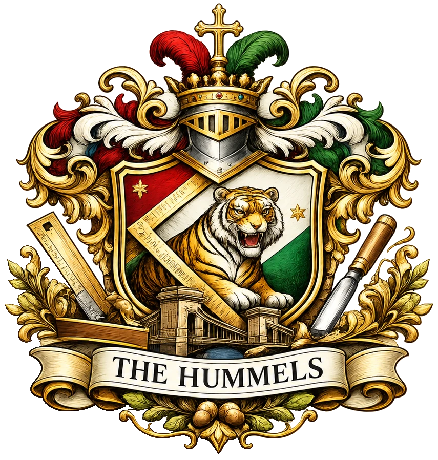 The Hummels family crest, featuring a tiger, a bridge and carpenter's tools